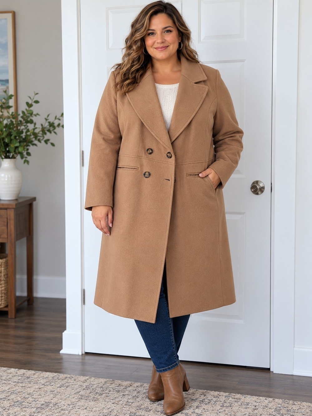 Addition Elle Camel Wool-Blend Double-Breasted Coat – Plus Size 1X Beautiful